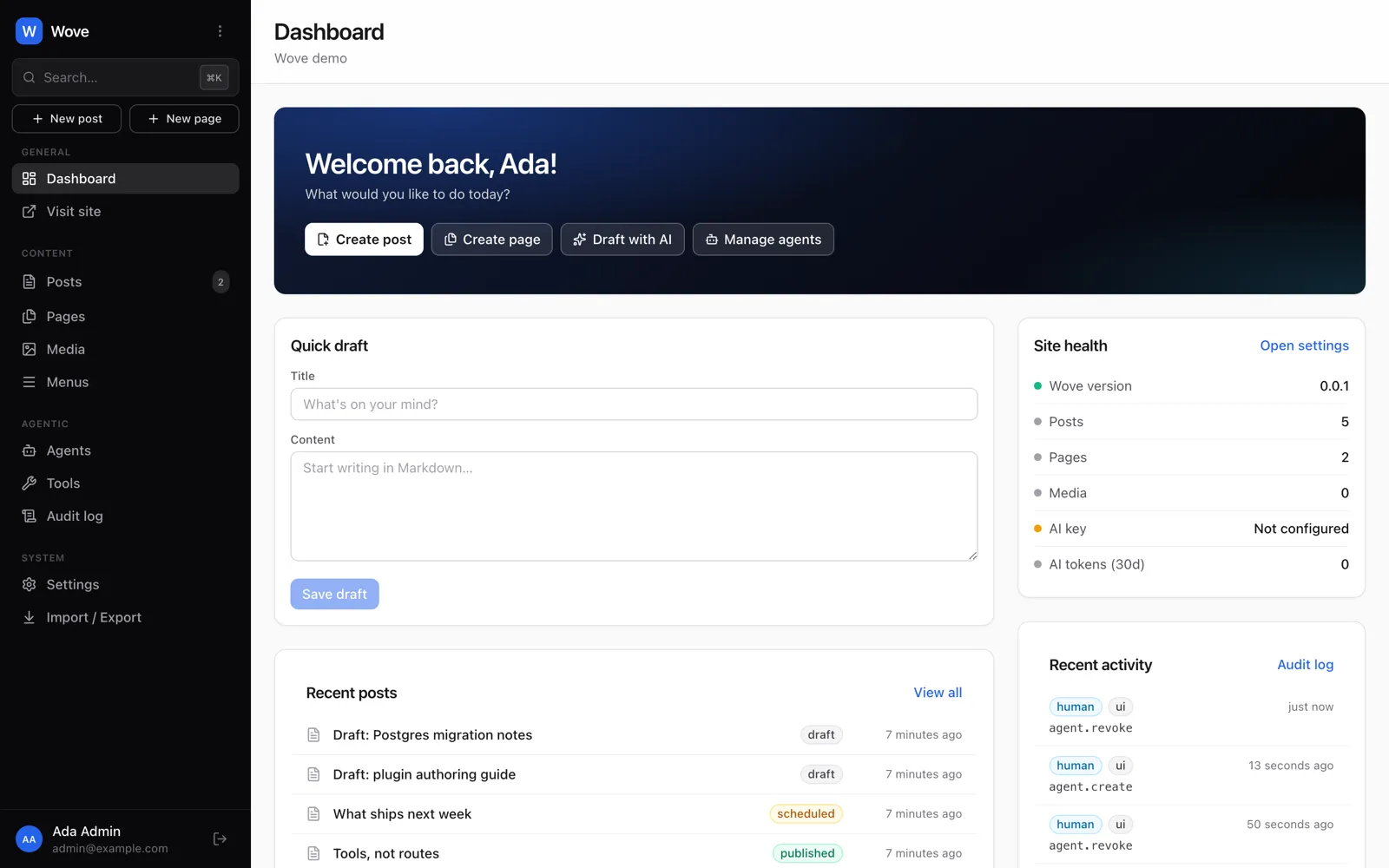 The Wove admin dashboard, showing recent content, agent activity and site health